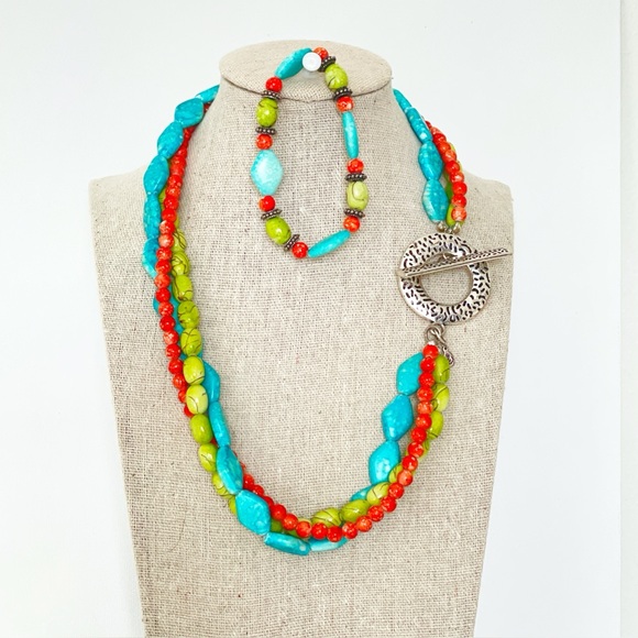 Premier Designs Jewelry - Premier Designs Southwest Beaded Necklace & Bracelet Set Turquoise Coral Lime